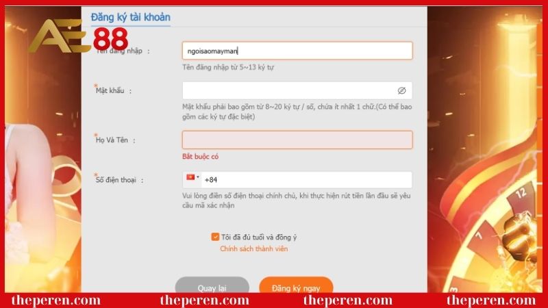 Hướng dẫn thủ tục đăng ký AE88 chi tiết, đầy đủ từ A-Z 4 Hướng dẫn nhập thông tin vào form đăng ký AE88